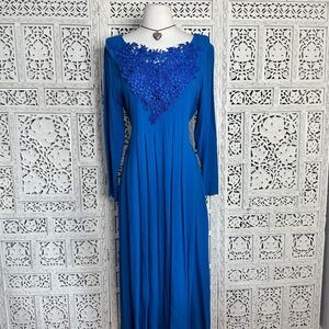 Vtg Susan Bristol Royal Blue Long Sleeve Pleated Dress With Beaded Floral Collar